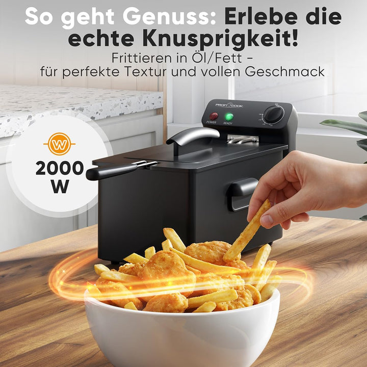 ProfiCook® Friteuse mit Fett | 130-190°C | Fritteuse mit Öl | 2000W | 3L | spülmaschinengeeignete Te