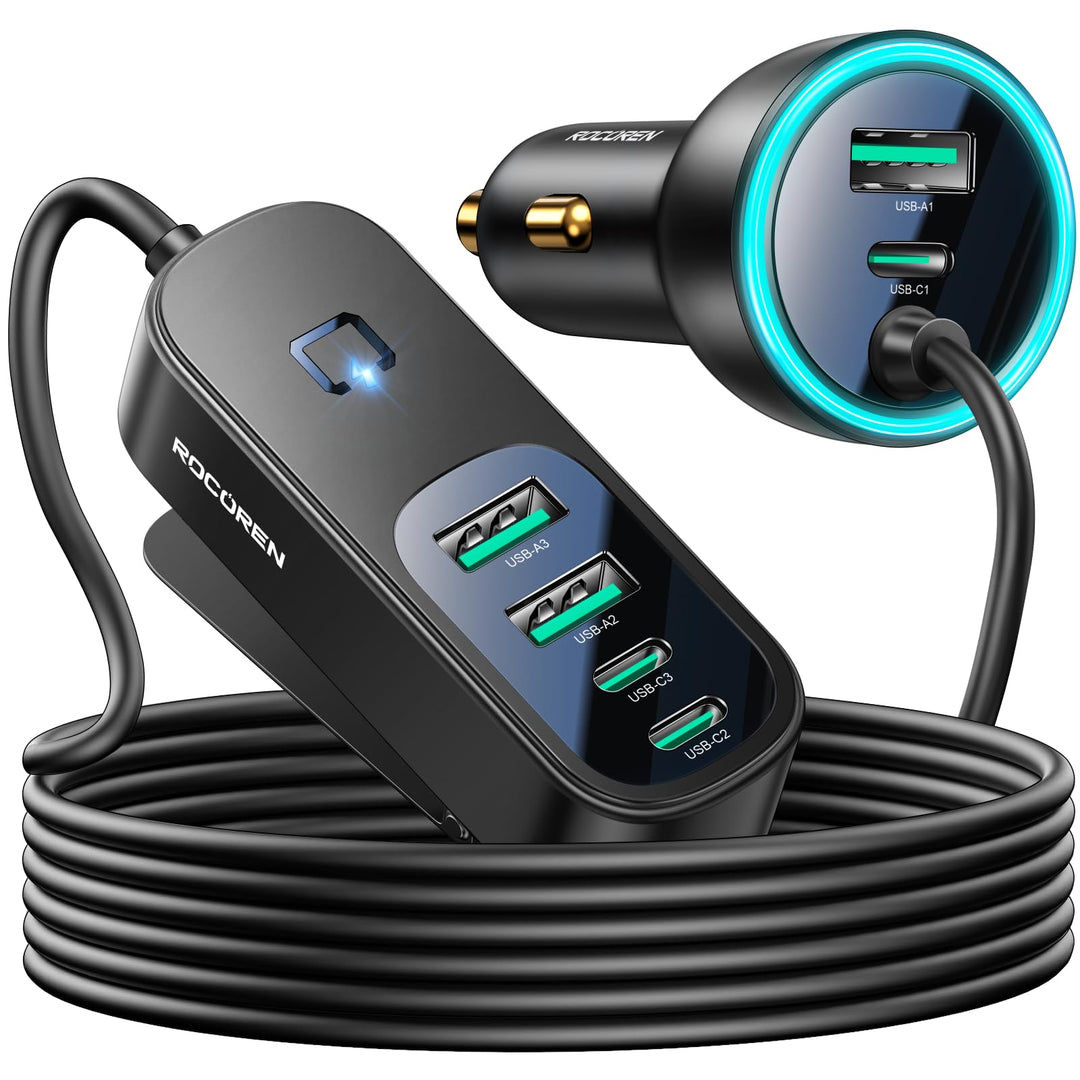 Rocoren Auto Ladegerät 105W, PD3.0 QC3.0 6-Port KFZ Ladegerät USB C Schnellladung mit 1,5 m Kabel fü