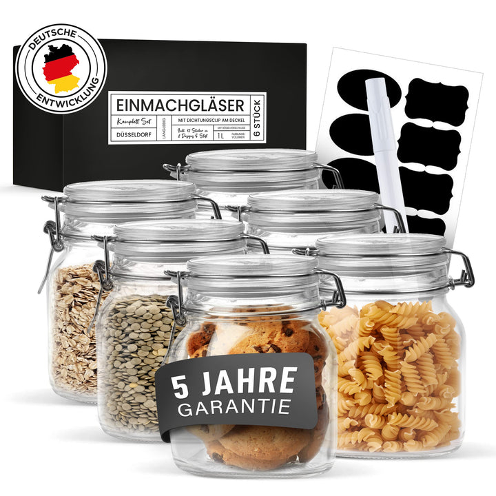 LIEBTHAL Einmachgläser mit Bügelverschluss [6x1000ml] - Luftdichte Vorratsgläser mit Deckel - Spülma