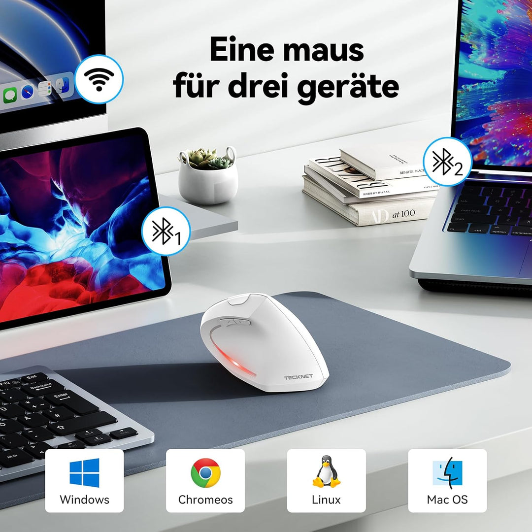 TECKNET Ergonomische Kabellose Bluetooth Maus - Vertikale Wireless Mouse mit 3 Gerät (BT+BT+USB), Op