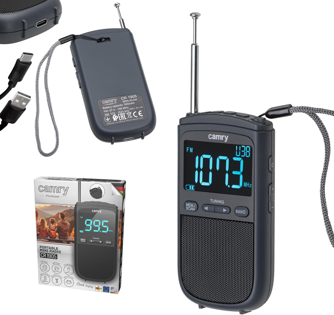 Camry CR 1905 Tragbares Digitalradio, LCD-Display, FM/Am, Akku 900 mAh, USB-C, Teleskopantenne, Schw
