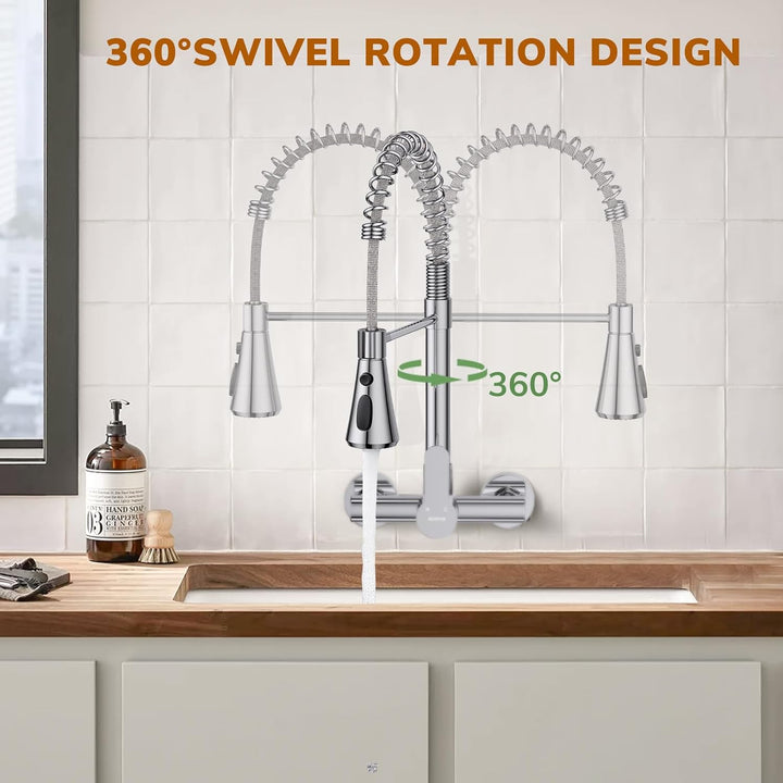 HURRAN Wasserhahn Wandmontage, Küchenarmatur mit 3 Auslaufarten, 360° Schwenkbarer Wasserhahn Küche