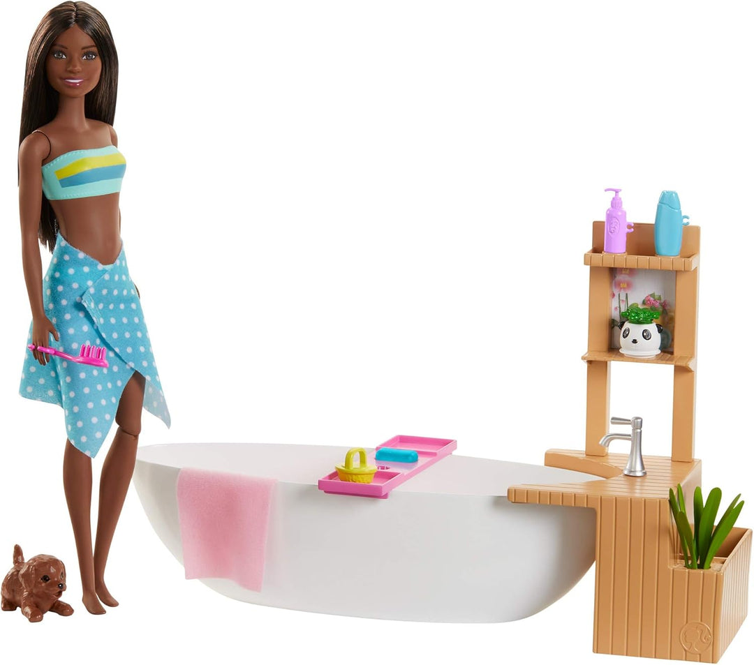 Barbie GJN33 - Wellnesstag Puppe (brünett) und Spielset, mit Badewanne, Hündchen und weiteren Zuebhö