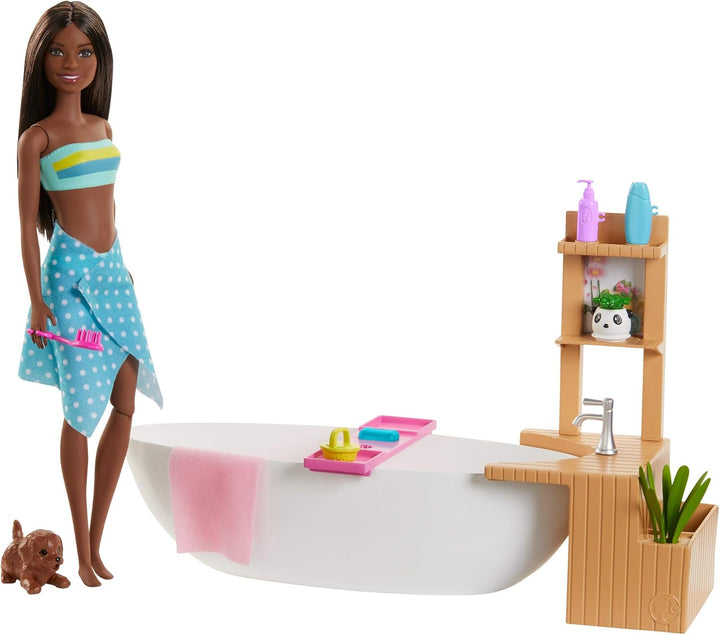 Barbie GJN33 - Wellnesstag Puppe (brünett) und Spielset, mit Badewanne, Hündchen und weiteren Zuebhö