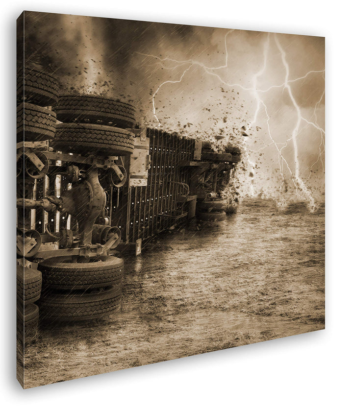 deyoli In einen Sturm geratener Truck Format: 70x70 Effekt: Sepia als Leinwandbild, Motiv fertig ger