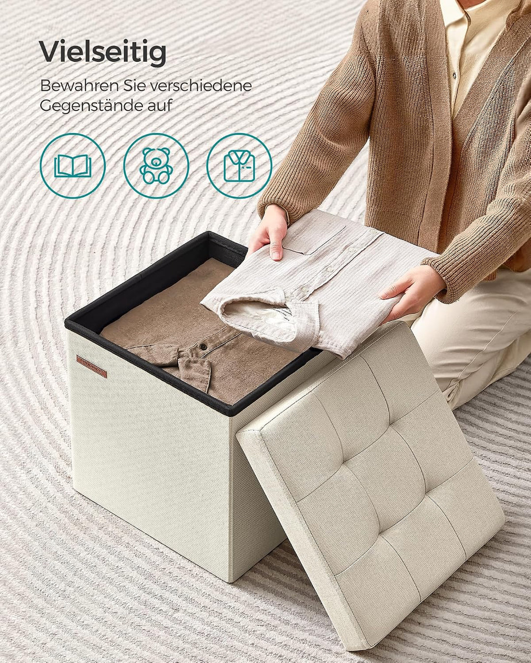 SONGMICS 38 cm Sitzbank mit Stauraum, klappbare Sitztruhe, Aufbewahrungsbox, Fussbank, cremeweiss LS