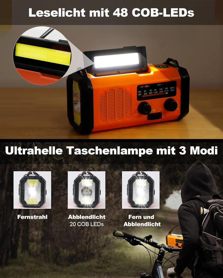 10000mAh Tragbare Solar Kurbelradio, Dynamo Weltempfänger Notradio mit AM FM Radio, Aufladbar Powerb