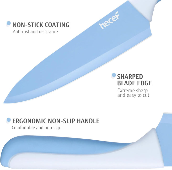 hecef 14-teilig Messerblock mit Messer, Blau, Antihaft-Beschichtung – Spülmaschinenfest, Messerblock