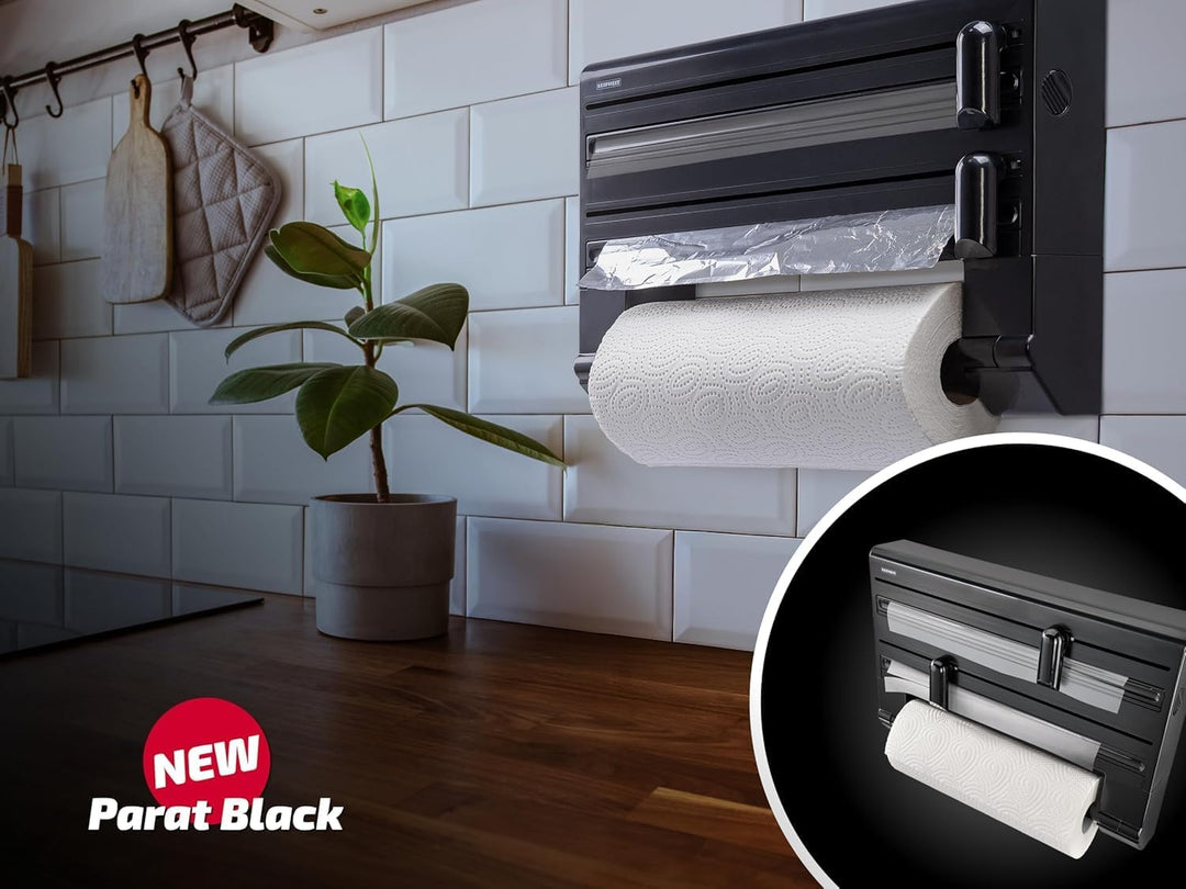 Leifheit Wandrollenhalter Parat Black, Küchenrollenhalter im modernen Design für DREI Rollen, sauber