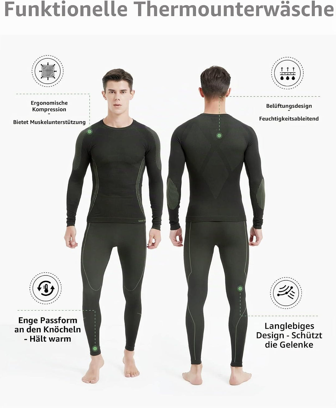 NOOYME Thermounterwäsche Herren Warm Atmungsaktiv Flexibel Skiunterwäsche Weich Thermo Unterwäsche M