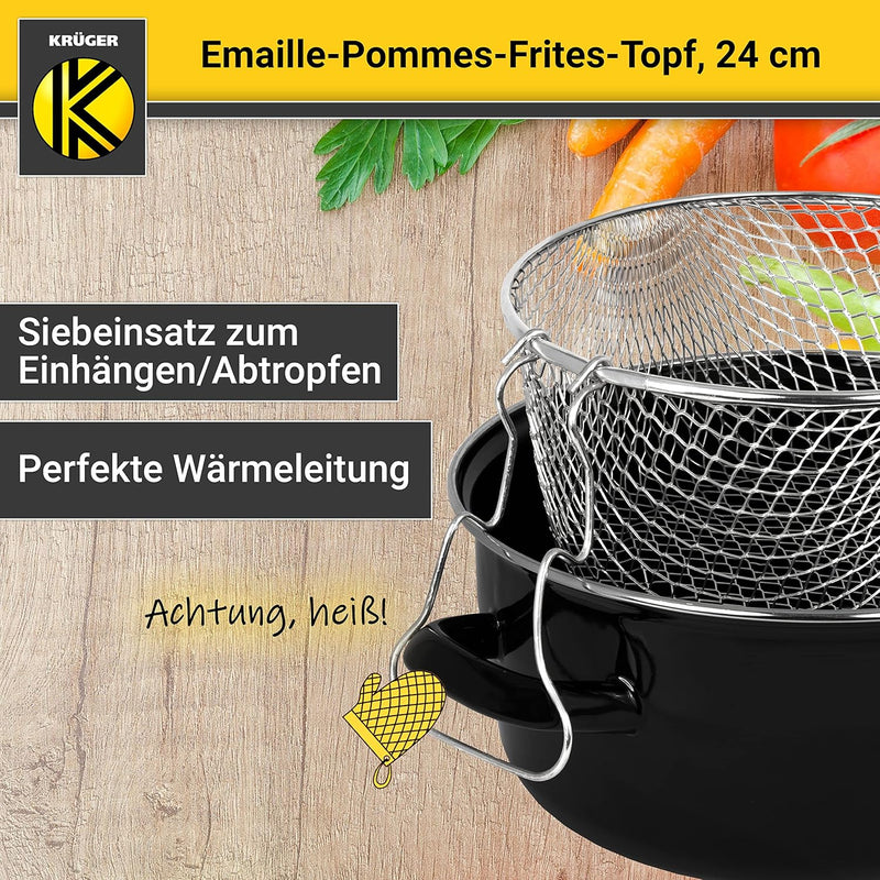 Krüger Emaille-Pommes-Frites-Topf mit Chromrand und Siebeinsatz - 24cm - perfekte Wärmeleitung - Top