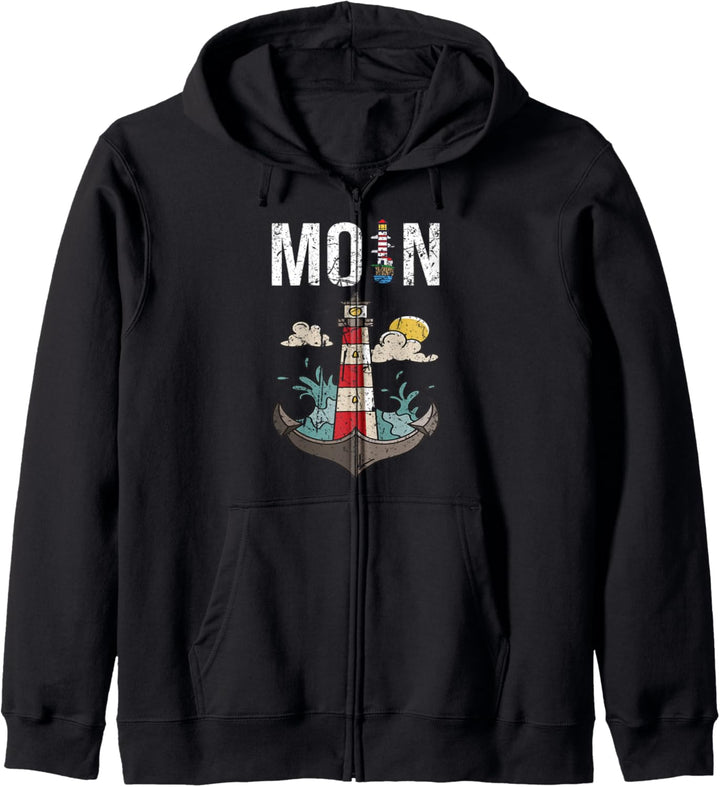 Moin - Digga Spruch Meer See Norddeutsch Leuchtturm vintage Kapuzenjacke