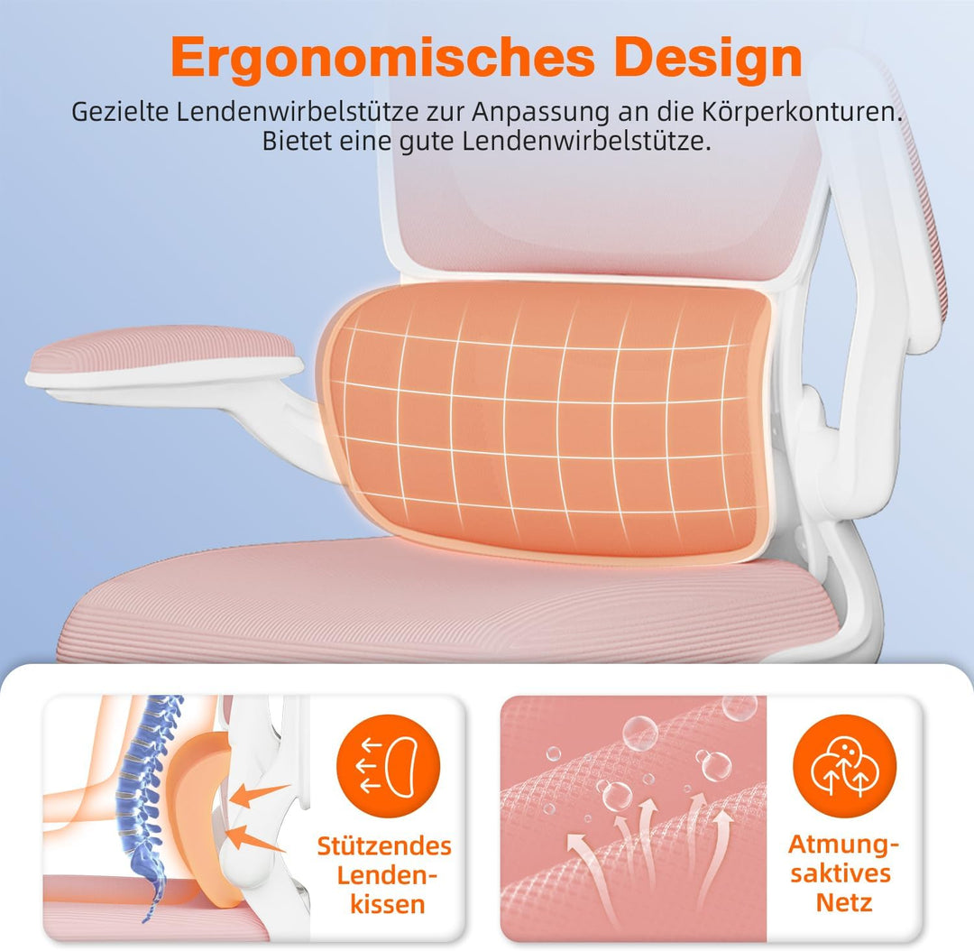 Bürostuhl, Ergonomischer Bürostuhl mit Verstellbarer Kopfstütze, Klappbaren Armlehnen und Lendenwirb