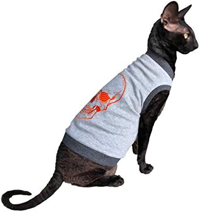 Kotomoda Sphynx Katzen T-Shirt Stickerei ORANGE Scull #2 (S) S Grau, S Grau
