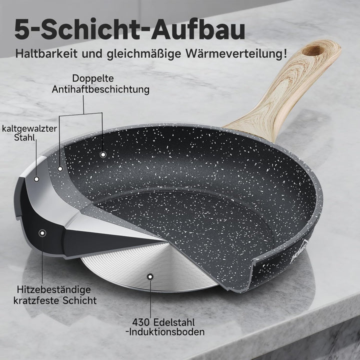 HOMELUX Antihaft Pfannenset 3-teilig Induktion, Bratpfanne 20/24/28cm mit Holzgriff, PFOA & PTFE fre