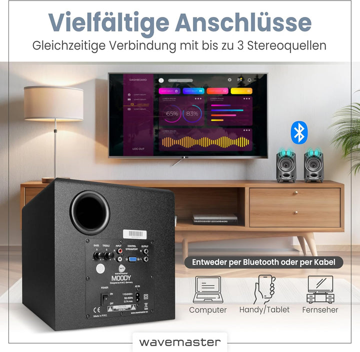 Wavemaster Moody BT 2.1 Lautsprecher System (65 Watt) mit Bluetooth-Streaming Aktiv-Boxen Nutzung fü