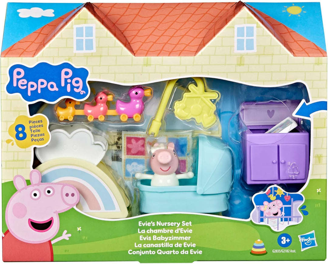 Peppa Wutz Evies Babyzimmer-Set mit 1 Figur und 7 Accessoires, passt zum Spielset Peppas grosses Hau