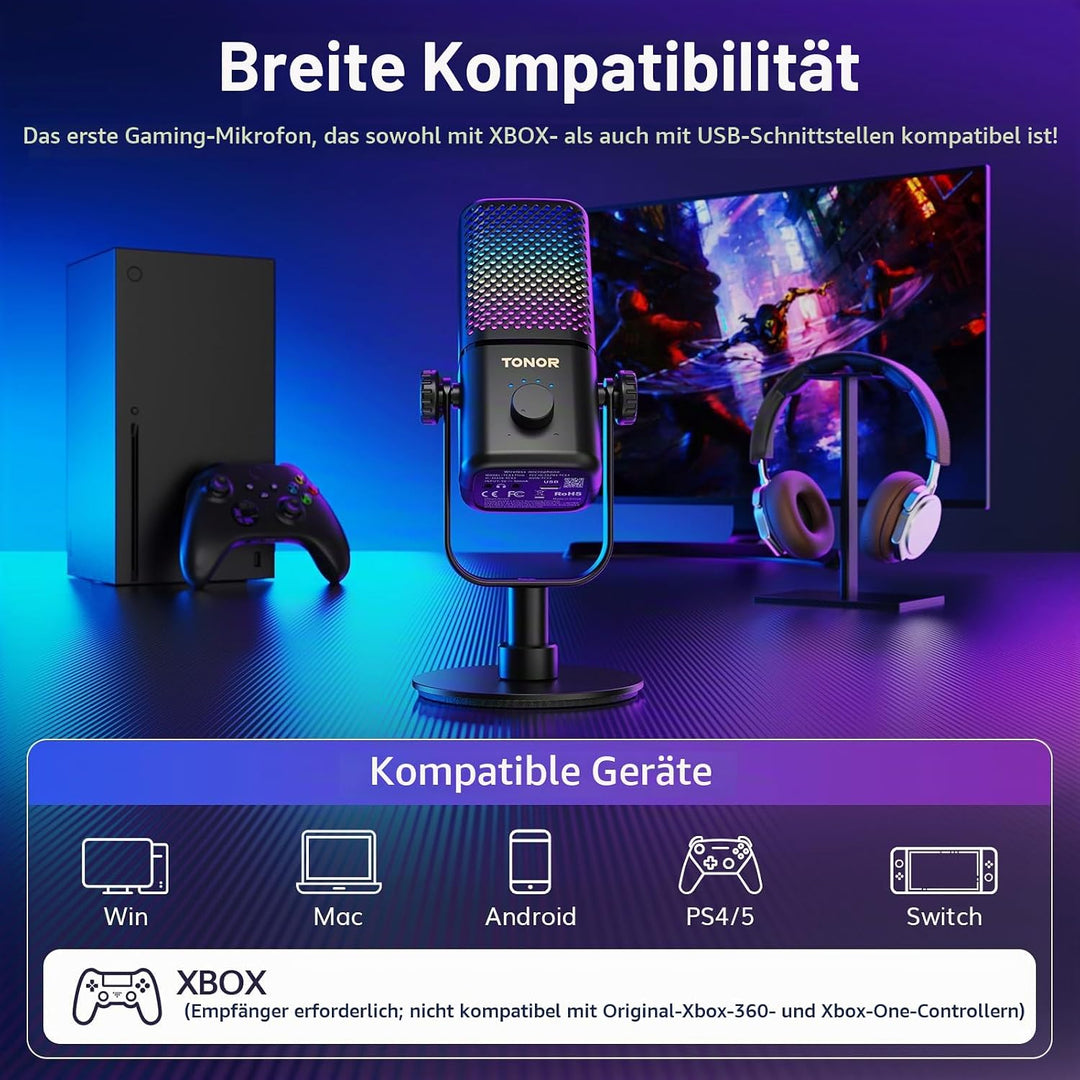 TONOR Gaming Mikrofon Kabellos, Kompatibel mit Xbox &amp; Capture Karten, Xbox mikrofon mit RGB/Überwach