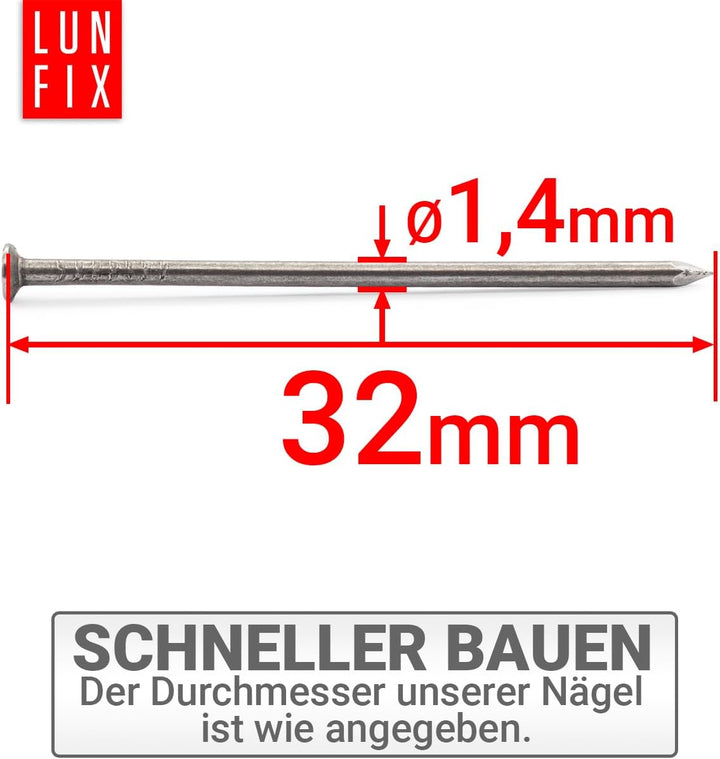 Lun Fix Drahtstifte 1,4 x 32 mm - 5kg Holznägel für Bauarbeiten Unverzinkter Baunägel Stahlnägel 32m