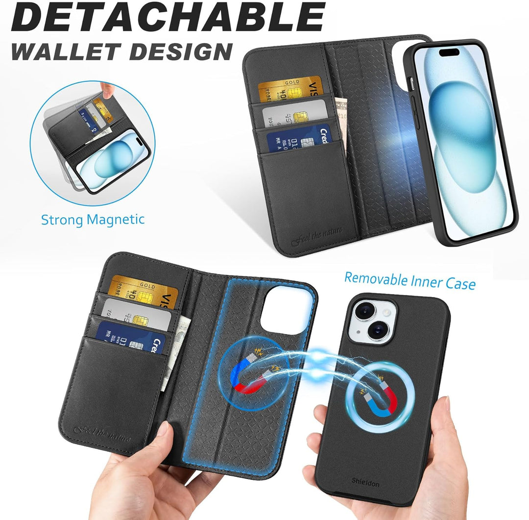 SHIELDON Hülle für iPhone 15, Echtleder Handyhülle [Abnehmbar] [kabelloses Laden] [Kartenfach] [Stän
