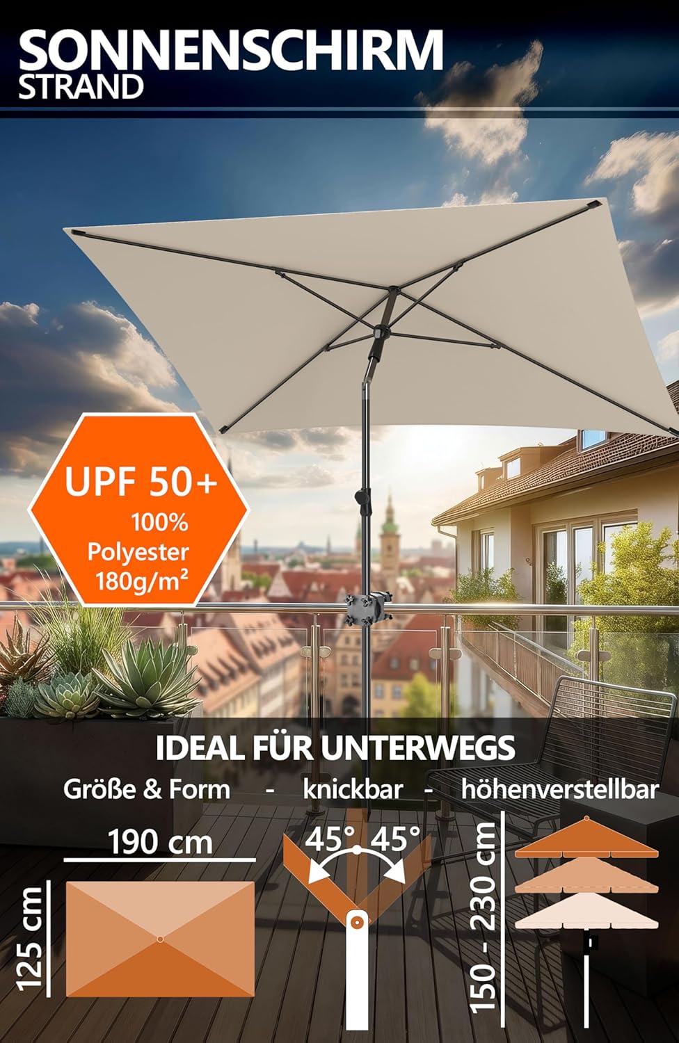 4smile Sonnenschirm Balkon SunnyShade 3-in-1 SET in Beige - UPF 50+ Sonnenschirm rechteckig 200 x 12