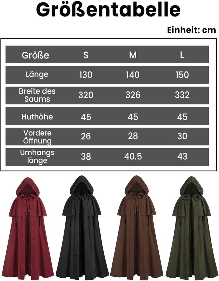 Fiamll Mittelalter Umhang Damen Kapuze Mantel mit Manschette Einfarbige Trenchcoat Renaissance Vampi