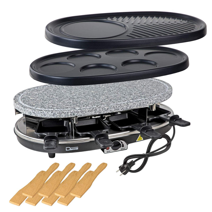 Raclette Grill 3 in 1 Garen Crepes Maker Heisser Stein für 8 Personen 1500 Watt