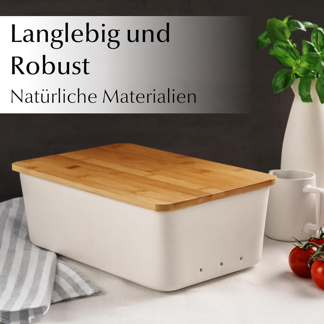 MIAMIO – Brotkasten mit Bambusdeckel/Brotkasten Keramik, Brotbox mit Holzdeckel verwendbar als Schne
