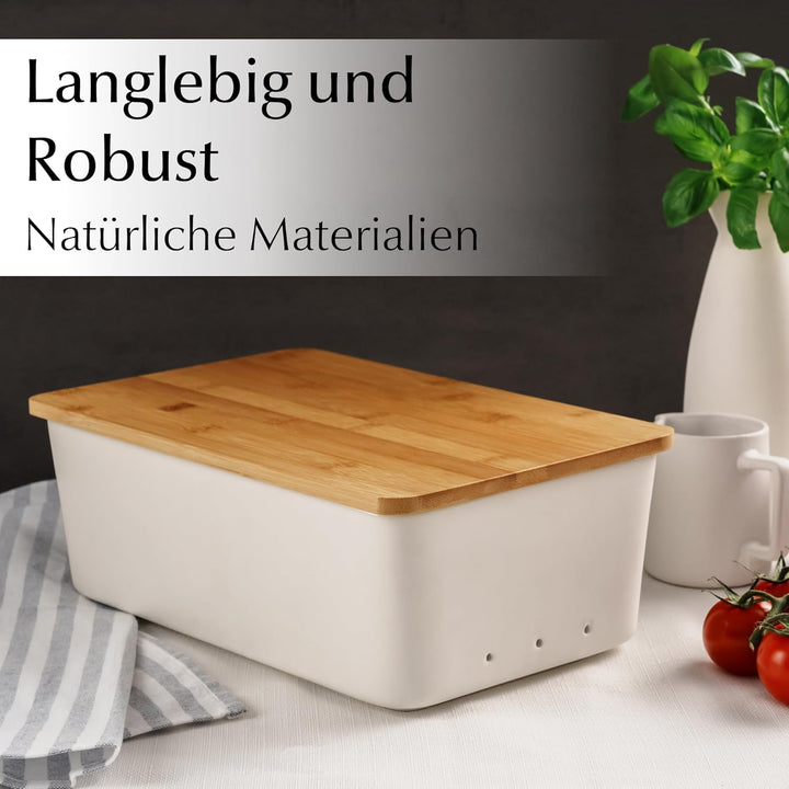 MIAMIO – Brotkasten mit Bambusdeckel/Brotkasten Keramik, Brotbox mit Holzdeckel verwendbar als Schne