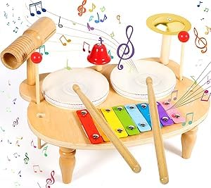 10-in-1 Holz-Musikinstrumente Set – Kinderschlagzeug | Montessori Lernspielzeug mit Xylophon,Trommel