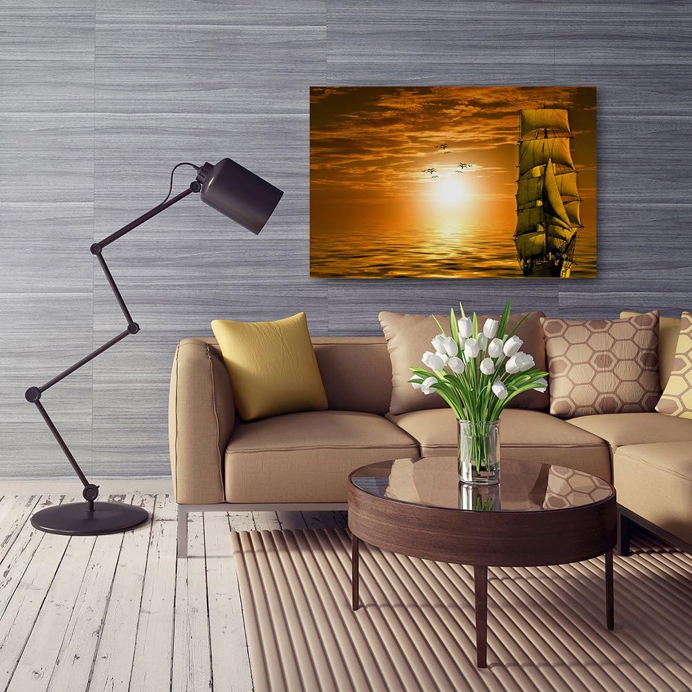 Feeby Bilder Sonnenuntergang Schiff Ozean 80x60 cm 1 Teilig Wohnzimmer Schlafzimmer Büro Flur Küche