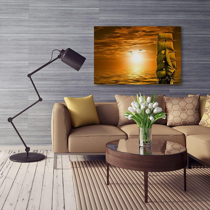 Feeby Bilder Sonnenuntergang Schiff Ozean 80x60 cm 1 Teilig Wohnzimmer Schlafzimmer Büro Flur Küche
