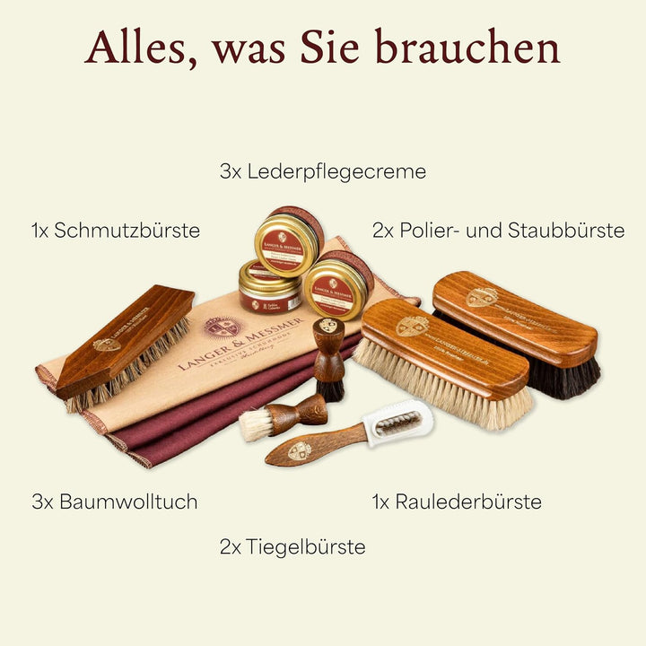 Langer & Messmer Schuhpflegeset inkl. hochwertigen Lederpflegecremes und Rosshaarbürsten zur effekti