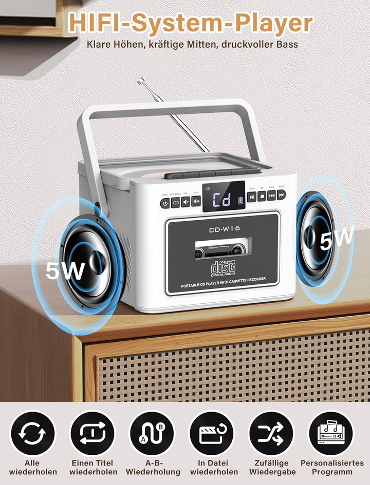 Boombox CD Player tragbar, CD-Player mit Kassettenspieler,UKW-Radio mit cd Player, 5000mAh wiederauf