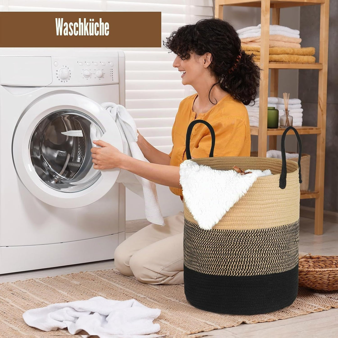 Withosent Wäschekorb Geflochten aus Baumwolle, 66L Wäschesammler mit Henkel, Laundry Baskets Aufbewa