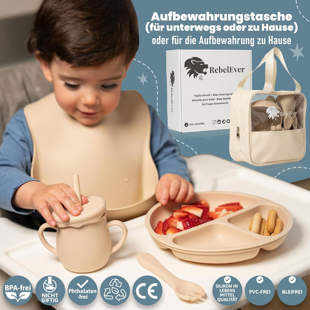 Kindergeschirr set aus Silikon mit Transport oder Aufbewahrungstasche - Kinderbesteck ab 1 jahr - Be