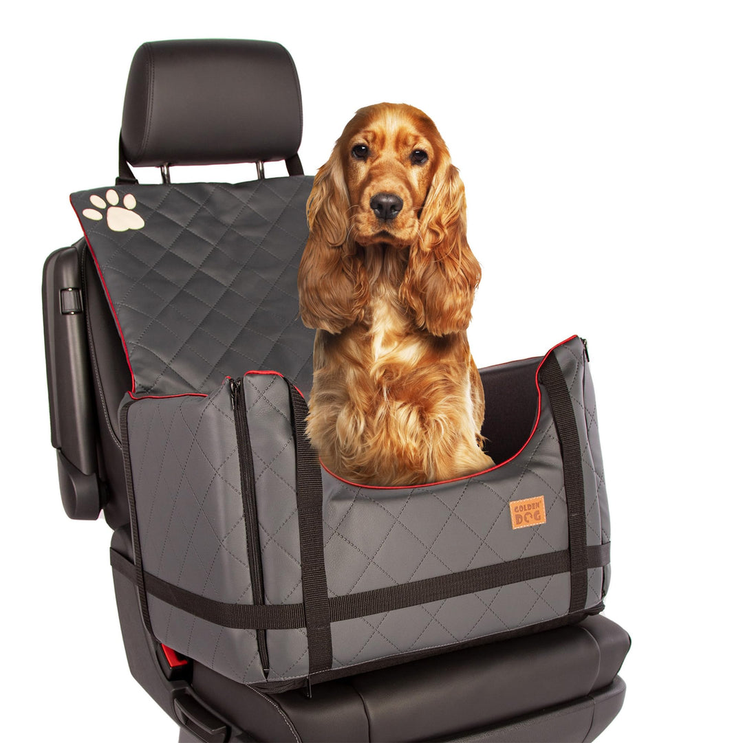 Golden Dog - Transportbox Hund mit Sicherheitsgurt L-65x53x27 cm - Leder Imitation Autositz Hund, Wa
