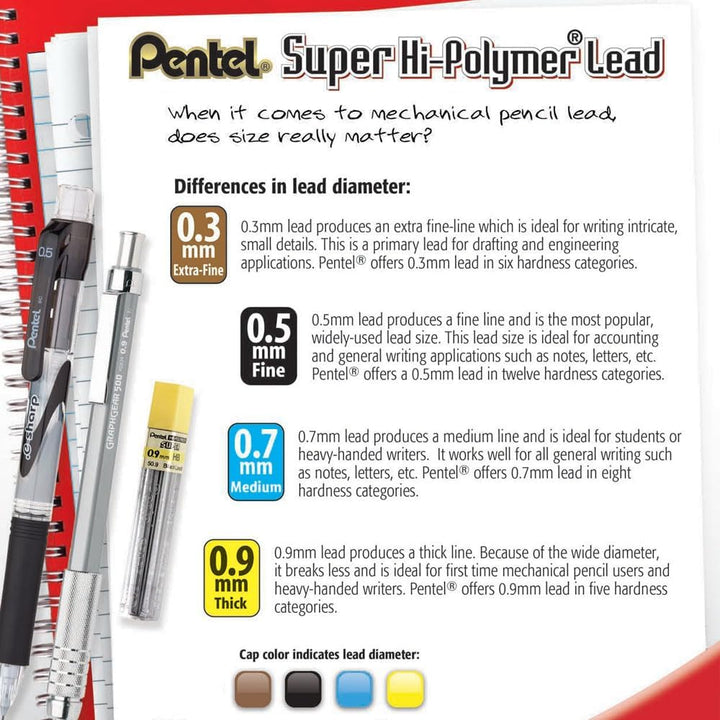 Pentel – Sich Hi-Polymer, 0,7 mm, Medium, 2H, 12/Pk, schwarz, verkauft als 1 Tube, Stift 502H