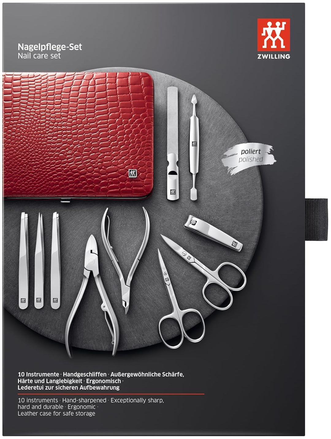 ZWILLING Maniküre Set Pediküre Kit, Nagelpflege Komplettset, Rindleder, Kroko Edition, 10-teilig, Ro