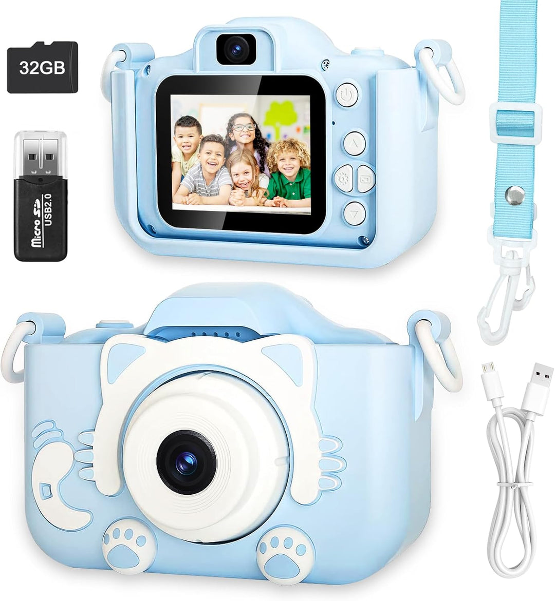 Kinderkamera für Mädchen Jungen, 3-12 Jahre, 2.0”Display Digitalkamera, Doppelobjektiv, 32GB SD-Kart