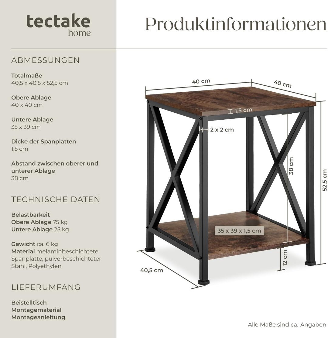 tectake® Industrial Möbel, Beistelltisch Holz und Metall, Schlafzimmer Nachttisch mit 2 Ebenen, Couc