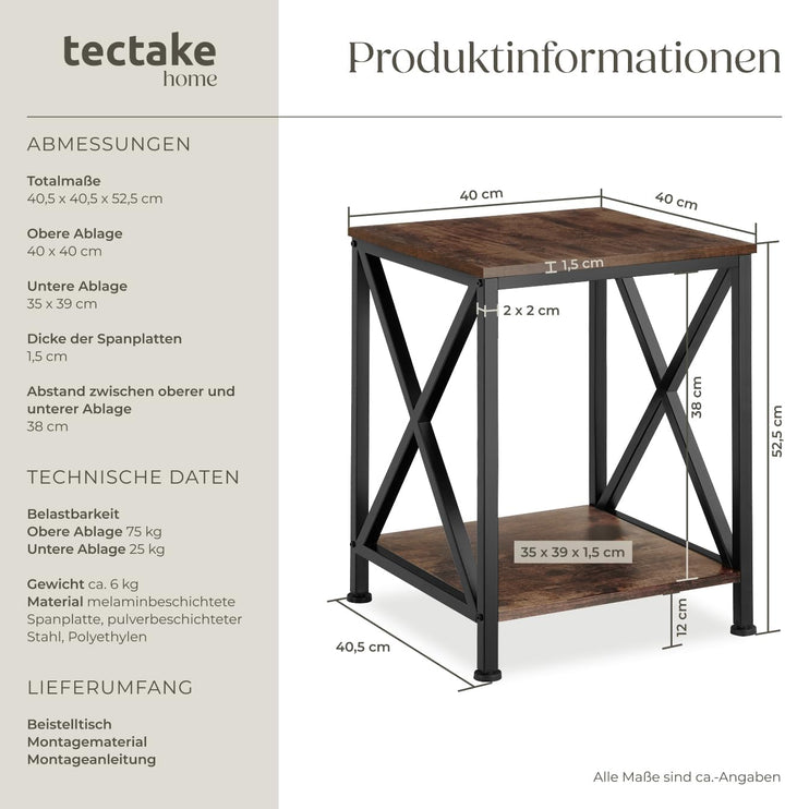 tectake® Industrial Möbel, Beistelltisch Holz und Metall, Schlafzimmer Nachttisch mit 2 Ebenen, Couc