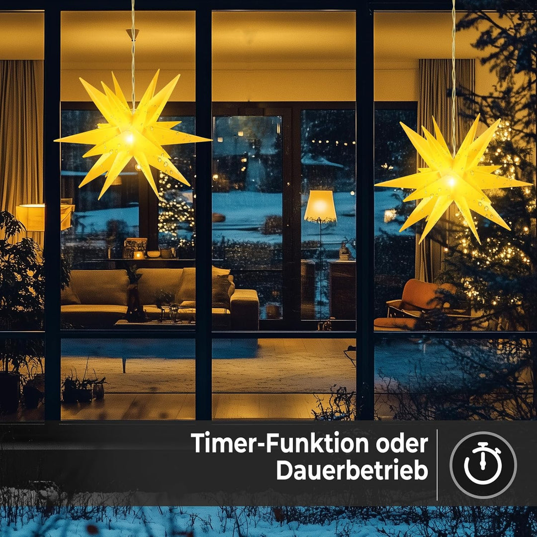 OVILUM Leuchtstern 3D mit LED Beleuchtung | gelb | |Ø 57 cm| 3D Stern mit 18 Spitzen | wetterfest |