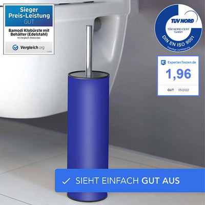 Bamodi Edelstahl Klobürste und Behälter | Mit Spritzschutz und 2 Ersatzbürstenköpfen – Blau Toilette