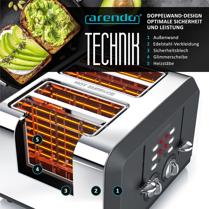 Arendo - Automatik Toaster 4 Scheiben in Edelstahl, bis zu Vier Sandwich und Toast-Scheiben, Bräunun