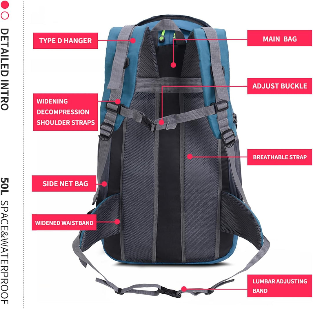 Bseash 50L Leichter wasserfester Wanderrucksack, Outdoor Sport Tagesrucksack Multifunktions Reisetas