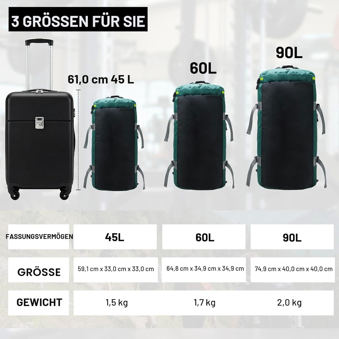 MIER Grosse Sporttasche wasserdicht Sportrucksack mit Schuhfach umwandelbar in Rucksack, 45L/60L/90L