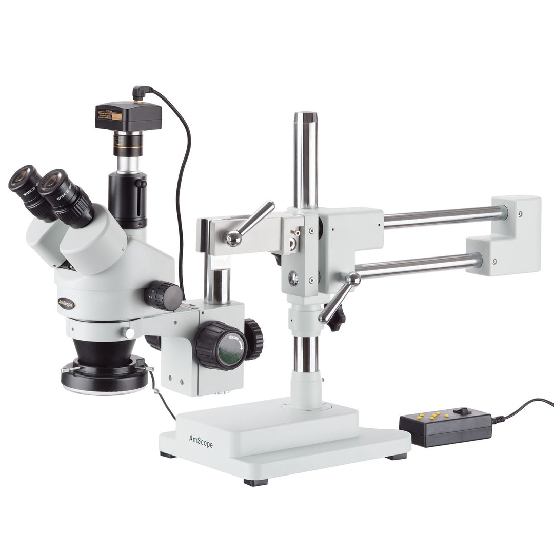 AmScope SM-4TPZ-144-10M Simul-Fokales Stereo-Zoom-Mikroskop am Boom-Ständer mit 144-LED-Ringlicht un