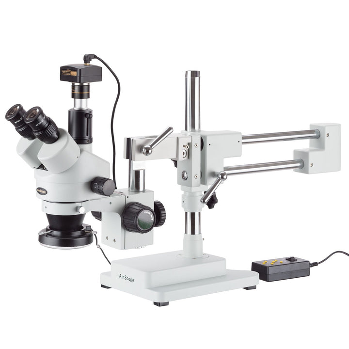 AmScope SM-4TPZ-144-10M Simul-Fokales Stereo-Zoom-Mikroskop am Boom-Ständer mit 144-LED-Ringlicht un