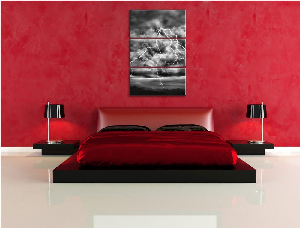 Pixxprint Monocrome, Blitze am stürmischen Himmel 3-Teiler Leinwandbild 120x80 Bild auf Leinwand